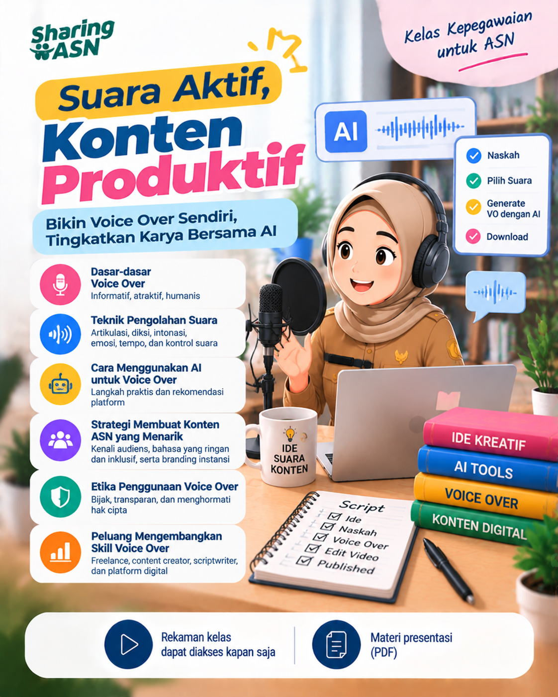 Poster Suara Aktif, Konten Produktif: Belajar Voice Over dan Membuat Konten Kreatif dengan AI