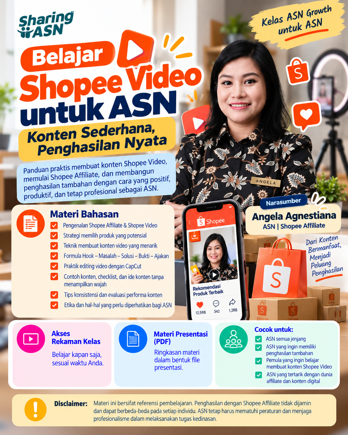 Poster Belajar Shopee Video untuk ASN: Strategi Membuat Konten, Shopee Affiliate, dan Penghasilan Tambahan